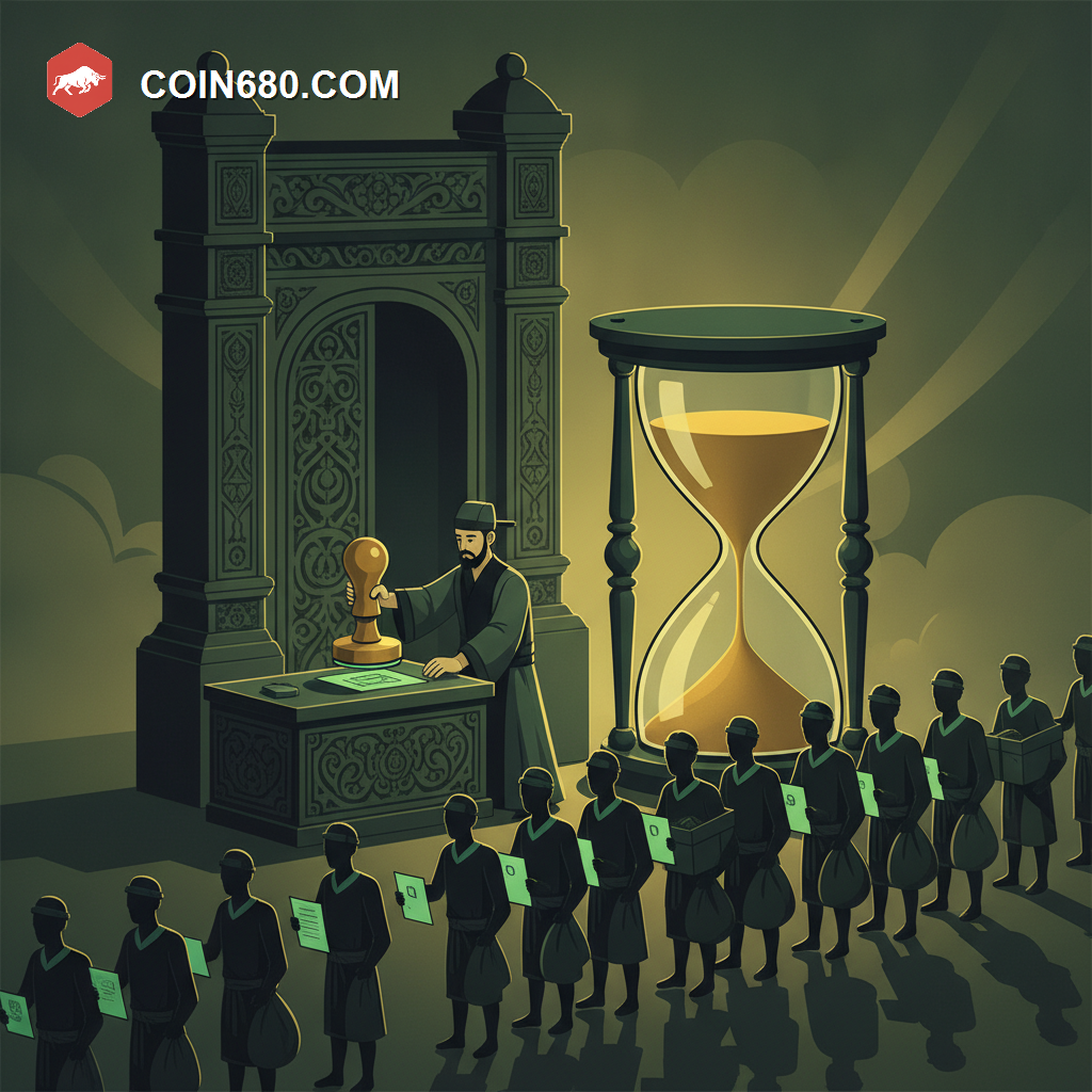 Illustration of a gatekeeper figure stamping approval for merchants at a large stone gate beside a draining hourglass