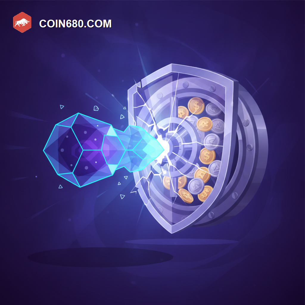 Illustration of a quantum energy beam approaching a cracking shield in front of a vault of coins