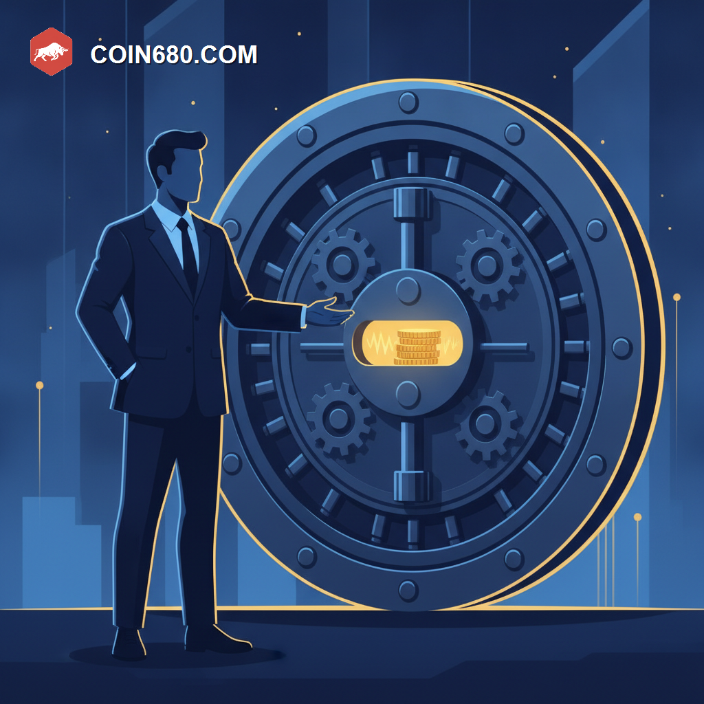 Illustration of a finance executive gesturing toward a large closed vault door with only a small stack of coins visible inside