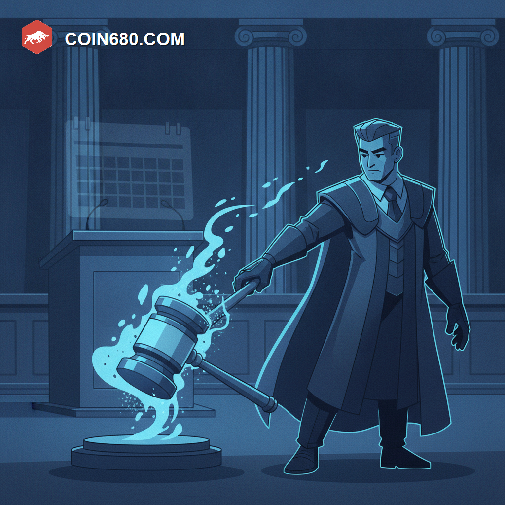 Illustration of a regulator figure reaching for a gavel that dissolves into mist before striking, in a courtroom setting