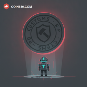 Illustration of a small mining rig beneath a giant descending customs stamp