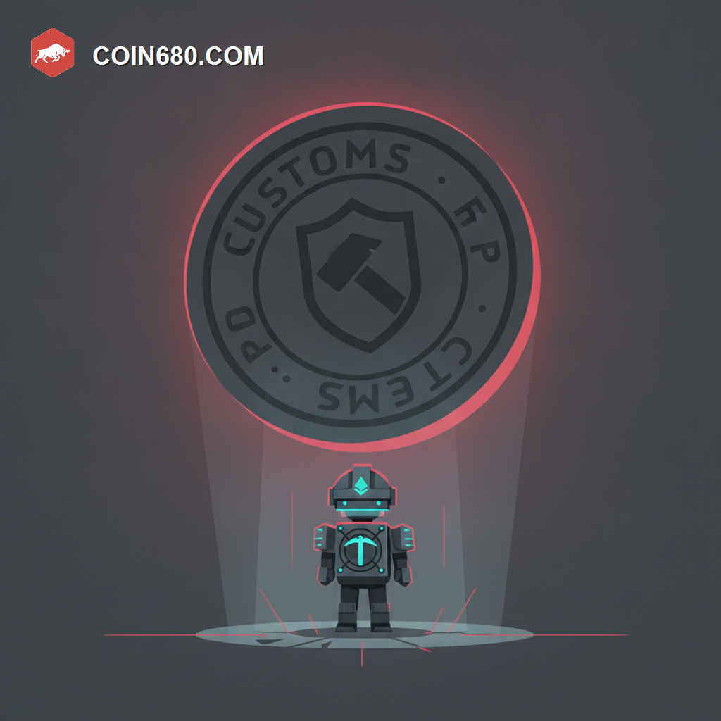 Illustration of a small mining rig beneath a giant descending customs stamp
