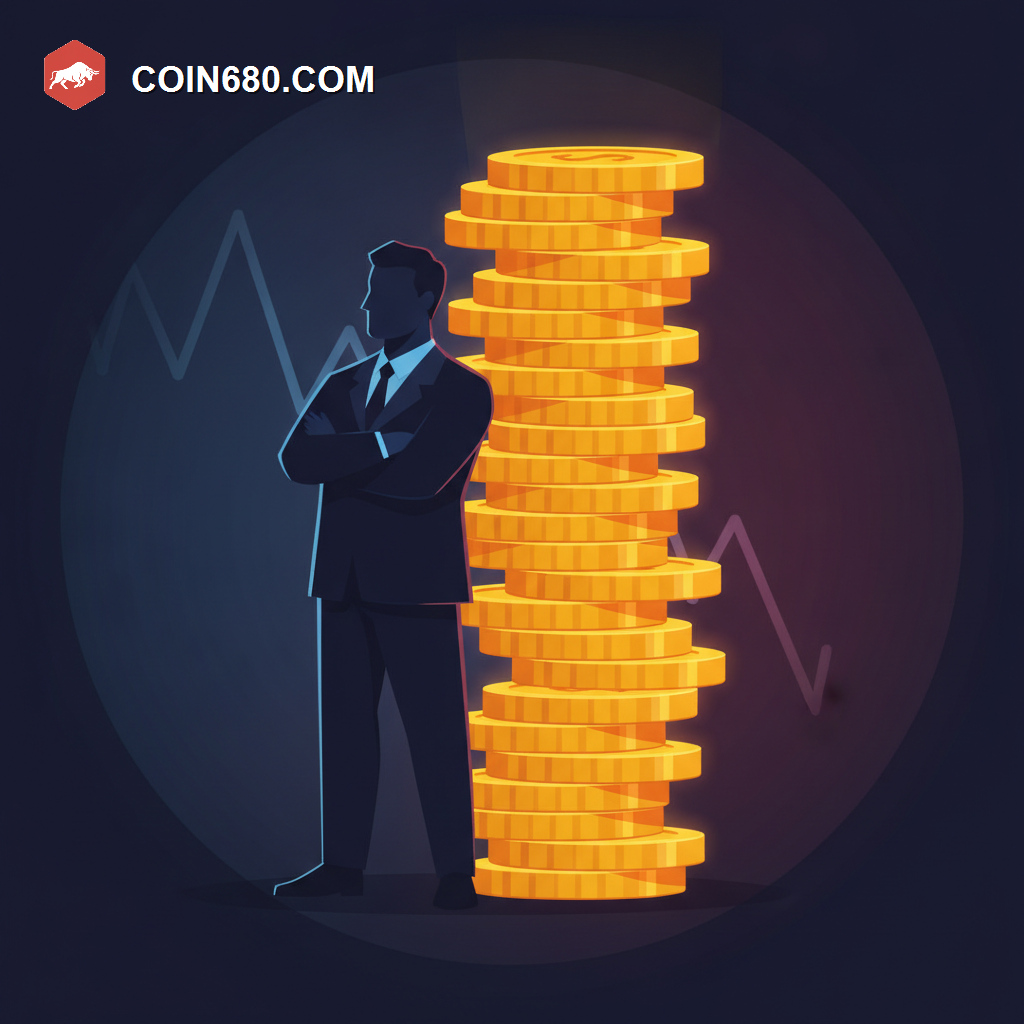 Illustration of a Swiss banker beside a tall stack of gold coins while a smaller crypto chart line droops behind him