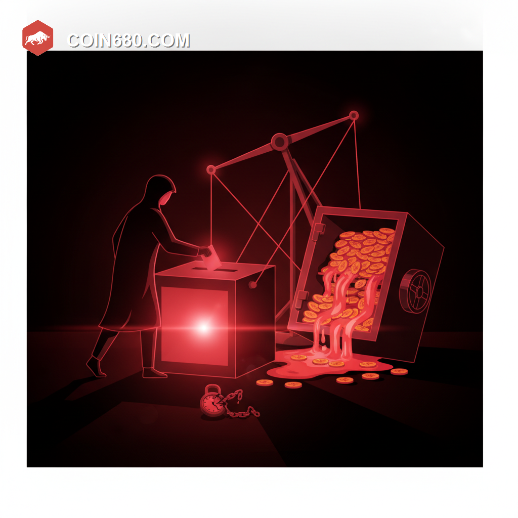 Illustration of a shadowy figure rigging a glowing voting box that tips over a vault of coins, a broken timer icon on the ground