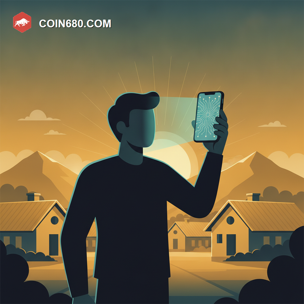 Illustration of a figure in a rural village holding a smartphone glowing with AI circuit patterns at sunset