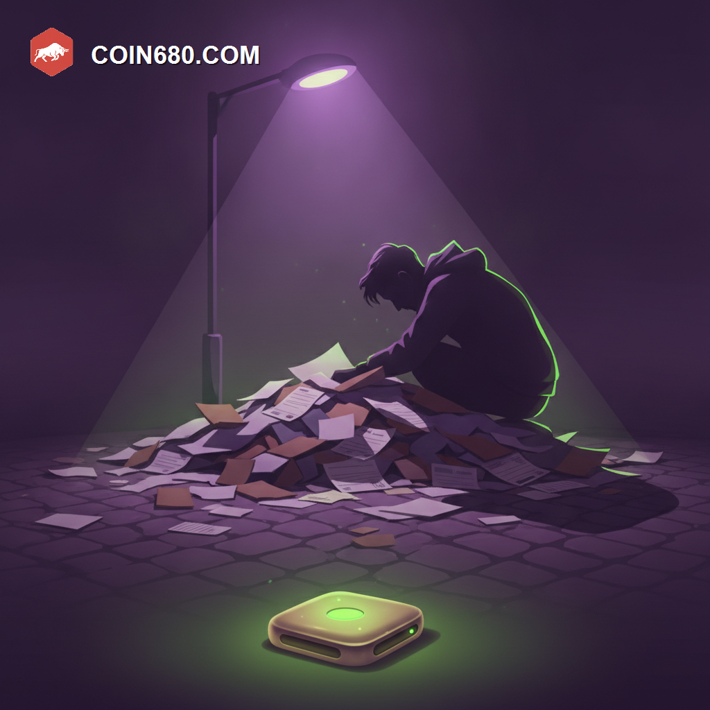 Illustration of a hardware wallet glowing safely in the foreground while a shadowy figure sifts through spilled shipping labels in the background