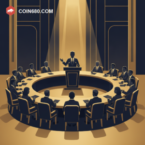 Illustration of a leader addressing a semicircle of formally dressed executives around a round table in a grand hall