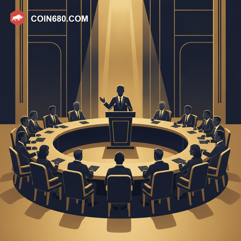 Illustration of a leader addressing a semicircle of formally dressed executives around a round table in a grand hall
