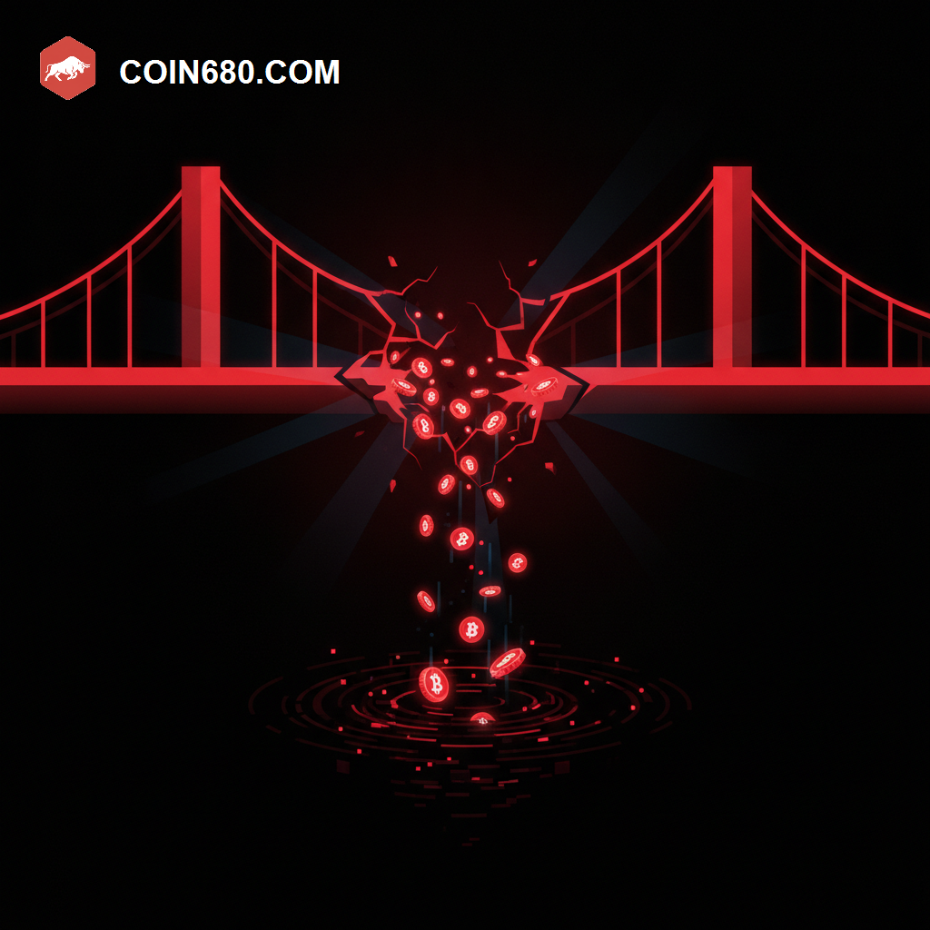 Illustration of a glowing bridge structure breaking apart with coins falling through the gap into darkness