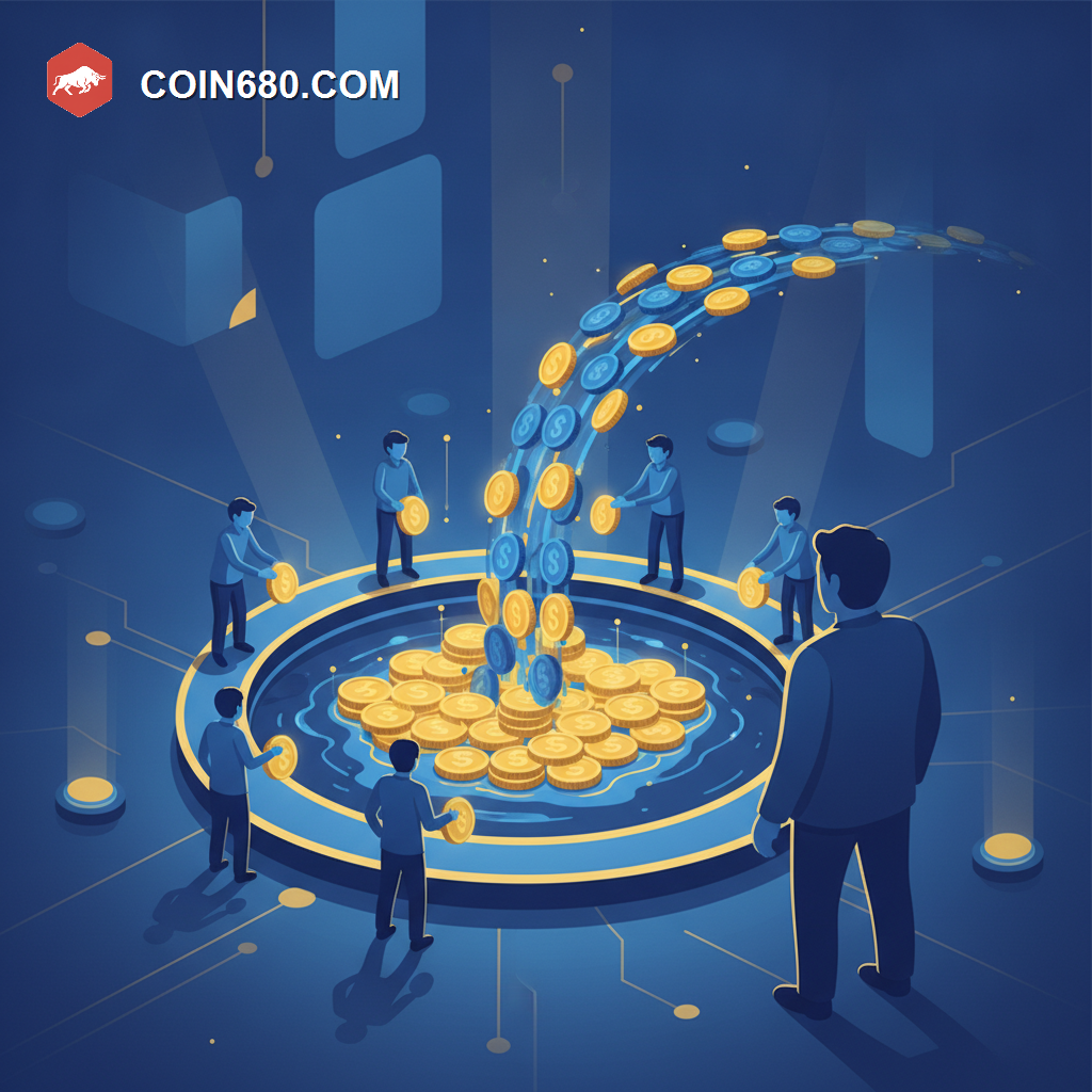 Illustration of a glowing pooled vault filled with coins from several depositor figures, with a stream flowing out toward a borrower