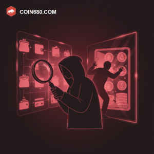 Illustration of an investigator figure examining connected wallet data threads while a shadowy figure reaches into a vault behind a one-way mirror