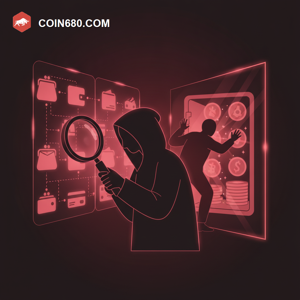 Illustration of an investigator figure examining connected wallet data threads while a shadowy figure reaches into a vault behind a one-way mirror