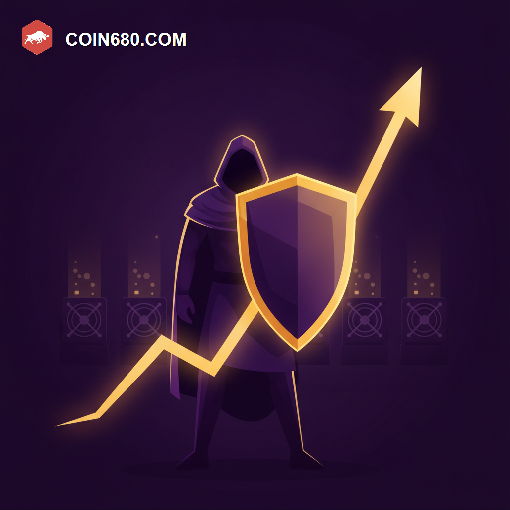 Illustration of a cloaked shielded figure standing before a sharply rising price chart with mining rigs glowing in the background