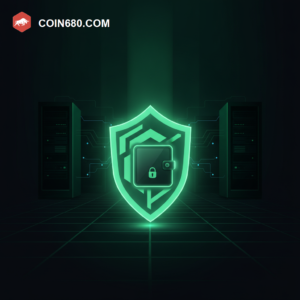 Illustration of a glowing shield protecting a self-custody wallet device while a network of connection lines behind it goes dark