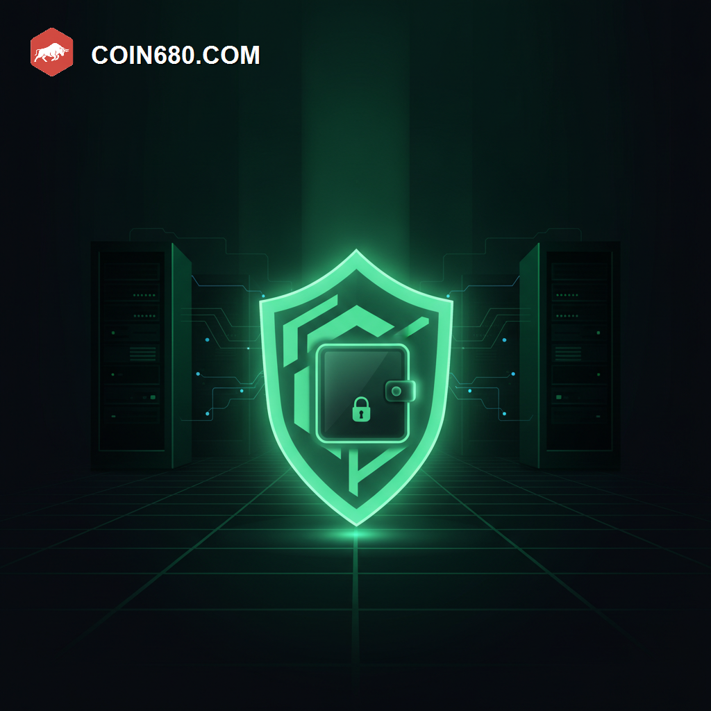 Illustration of a glowing shield protecting a self-custody wallet device while a network of connection lines behind it goes dark