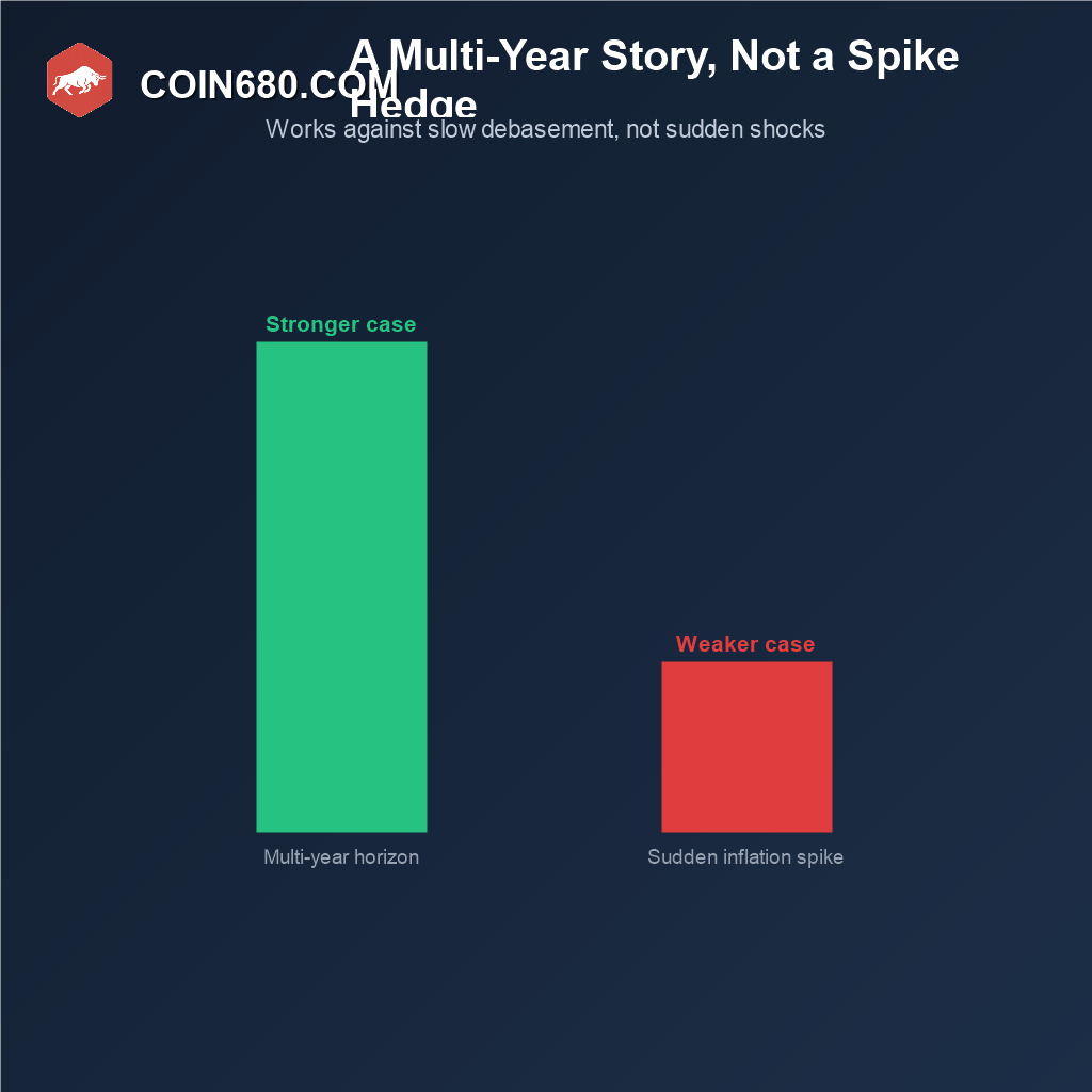 Bar chart comparing Bitcoin’s stronger multi year inflation hedge case against its weaker short term spike hedge case