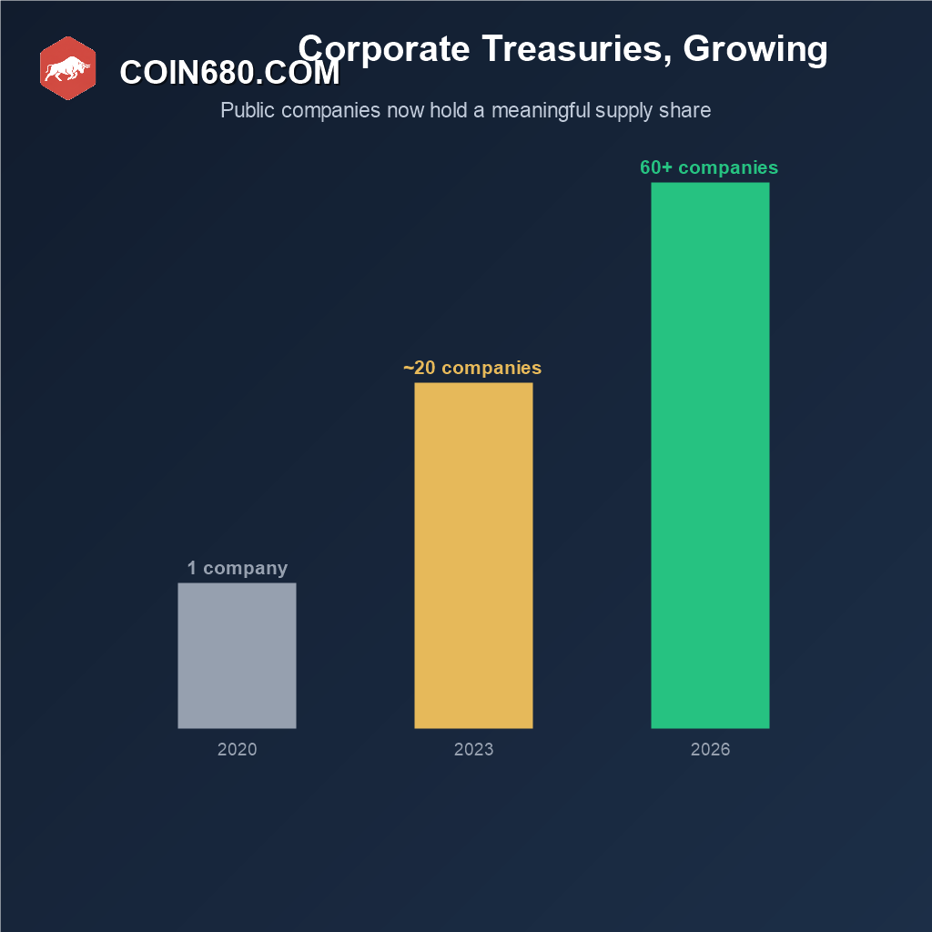 Bar chart showing the number of public companies holding Bitcoin treasuries growing from one in 2020 to over sixty by 2026