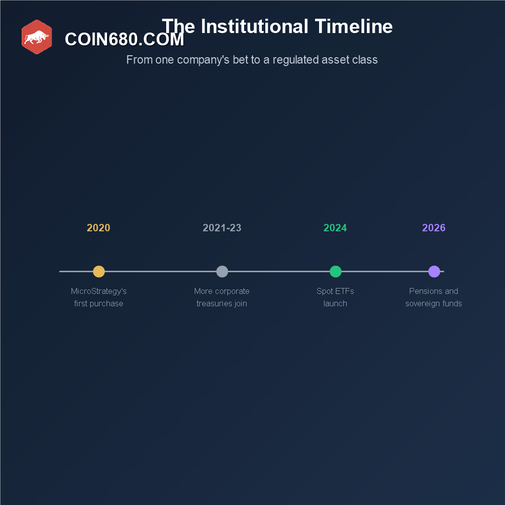 Timeline showing MicroStrategy's first Bitcoin purchase in 2020, more corporate treasuries joining, spot ETFs launching in 2024, and pension and sovereign funds following