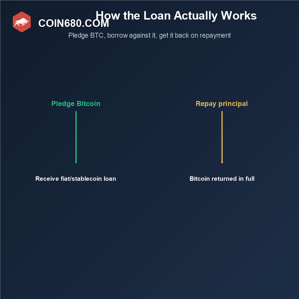 Diagram showing the mechanics of a Bitcoin backed loan, pledging Bitcoin as collateral and receiving it back on repayment