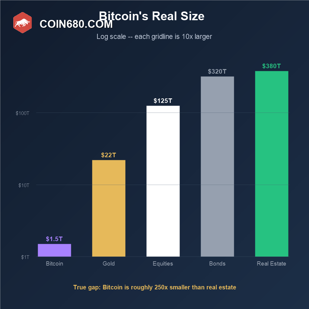 Log scale bar chart comparing Bitcoin's market capitalization against gold, equities, bonds, and global real estate, showing Bitcoin is roughly two hundred fifty times smaller than real estate