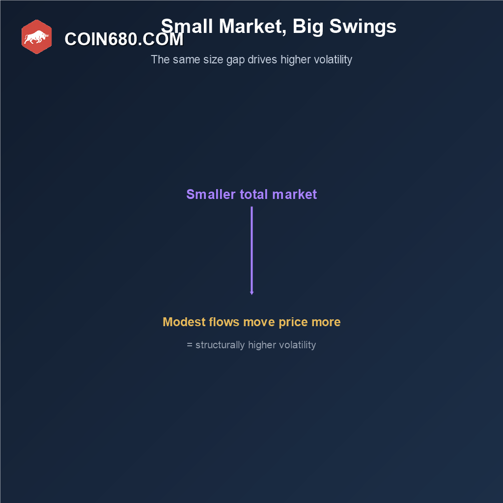 Diagram showing how Bitcoin’s smaller total market size drives structurally higher volatility
