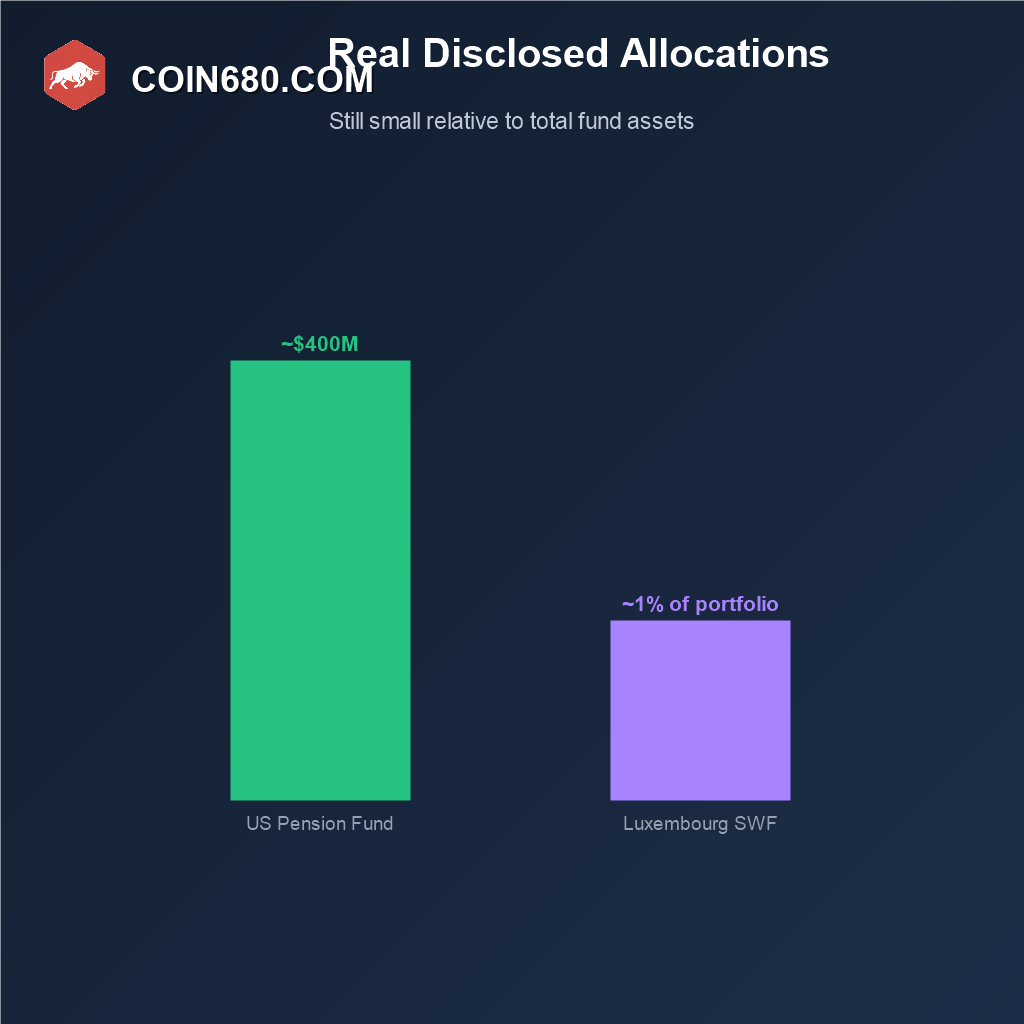 Bar chart showing a United States pension fund’s four hundred million dollar Bitcoin allocation and a Luxembourg sovereign fund’s one percent allocation