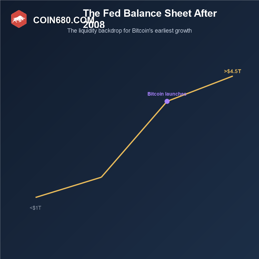 Line chart showing the Federal Reserve balance sheet growing from under 1 trillion to over 4.5 trillion dollars after 2008, with Bitcoin’s launch marked