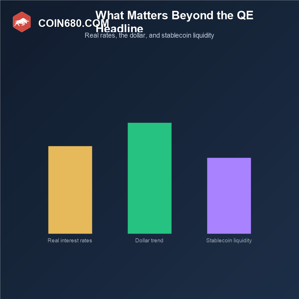 Bar chart showing real interest rates, the dollar trend, and stablecoin liquidity as factors that matter alongside quantitative easing