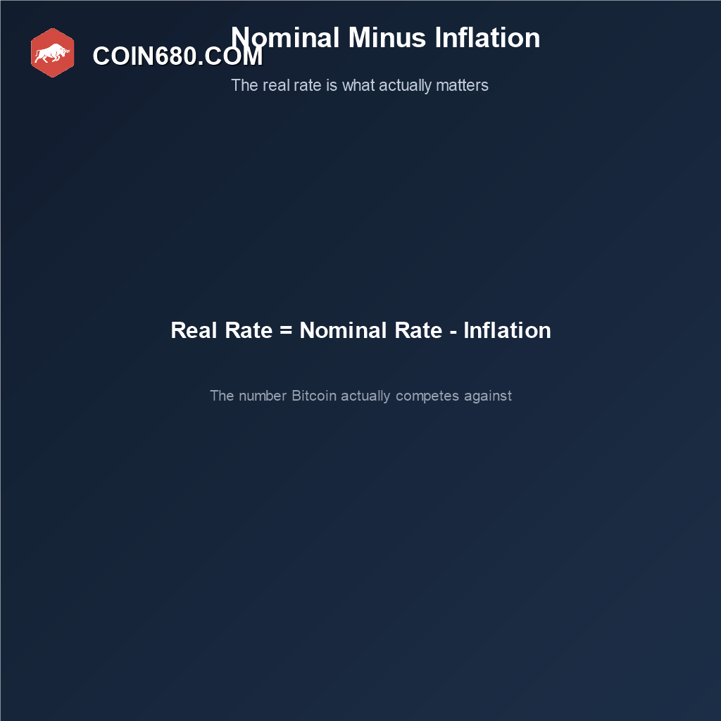 Diagram showing the real interest rate formula, nominal rate minus inflation, as the rate that actually matters for Bitcoin