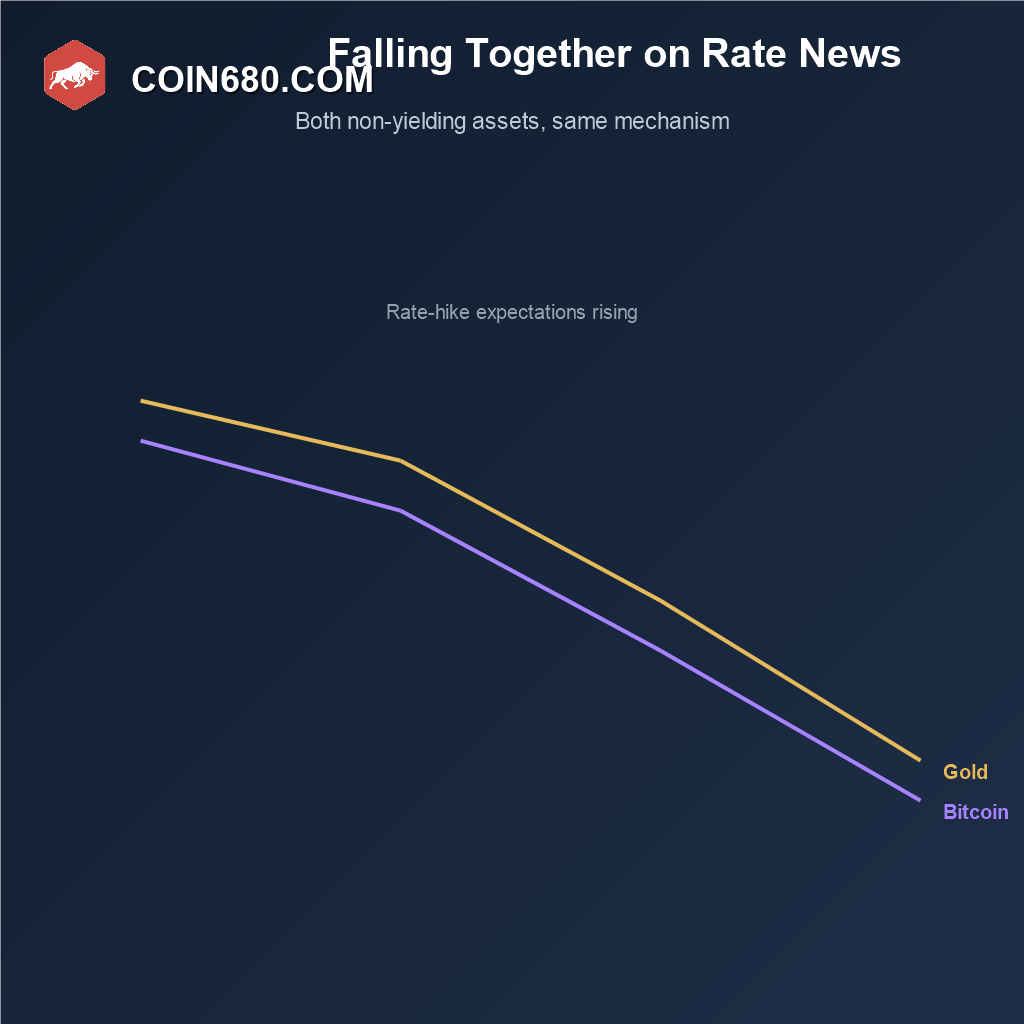 Line chart showing gold and Bitcoin falling together around rate hike expectations