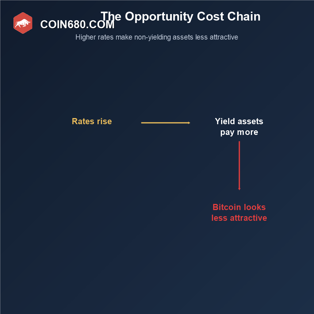 Flow diagram showing rising interest rates making yield bearing assets more attractive and Bitcoin comparatively less attractive