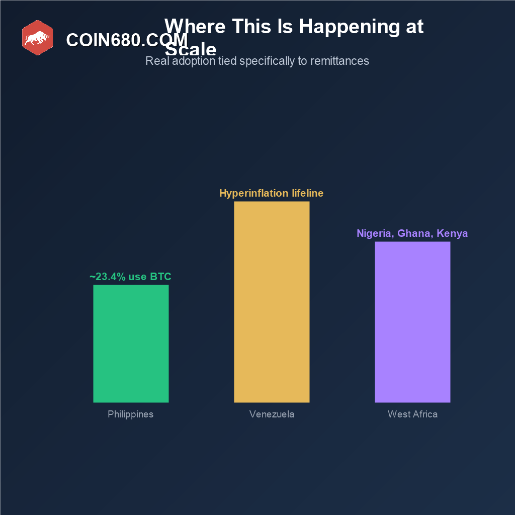 Bar chart showing Bitcoin remittance adoption examples in the Philippines, Venezuela, and West Africa