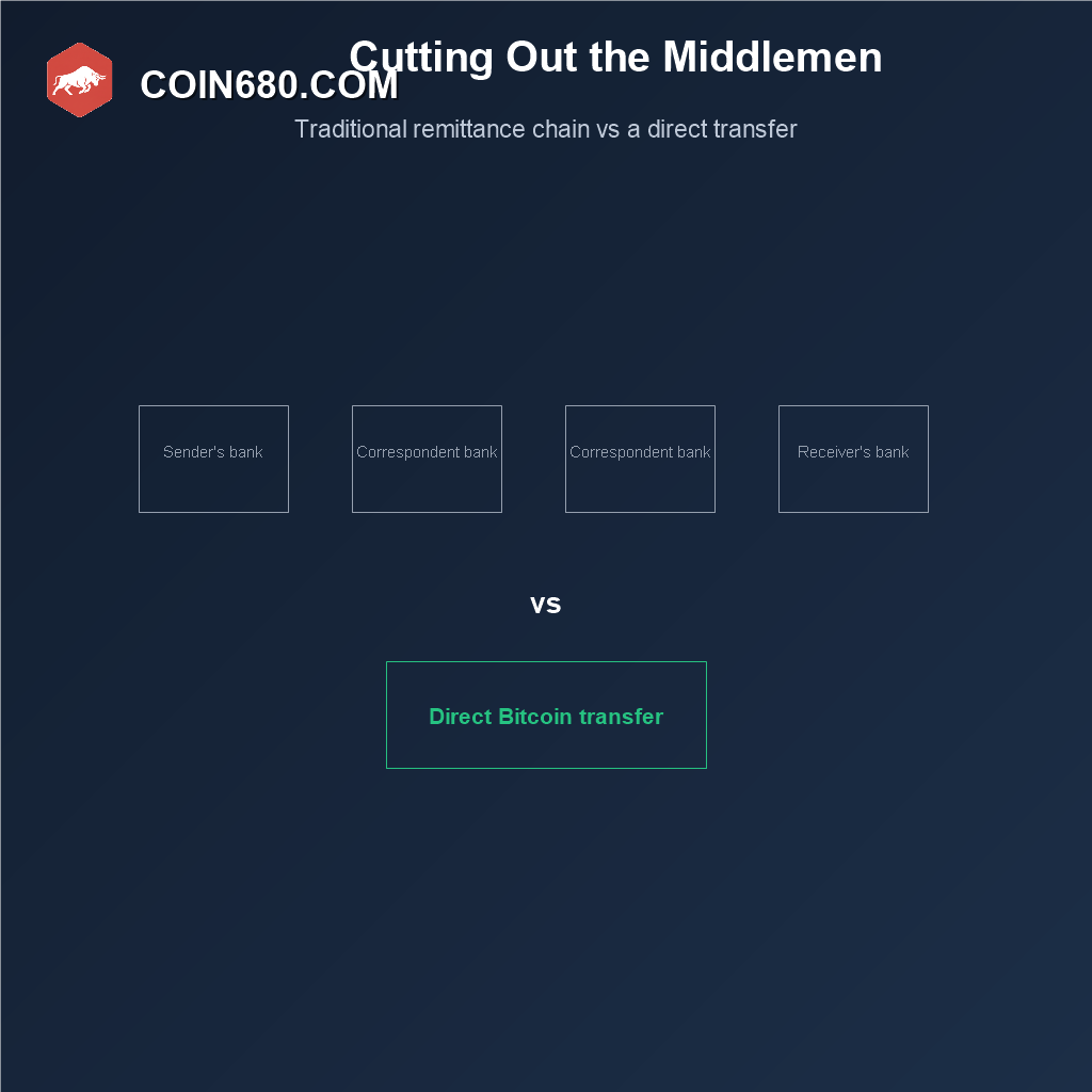 Diagram comparing the multi bank correspondent chain of traditional remittances against a direct Bitcoin transfer