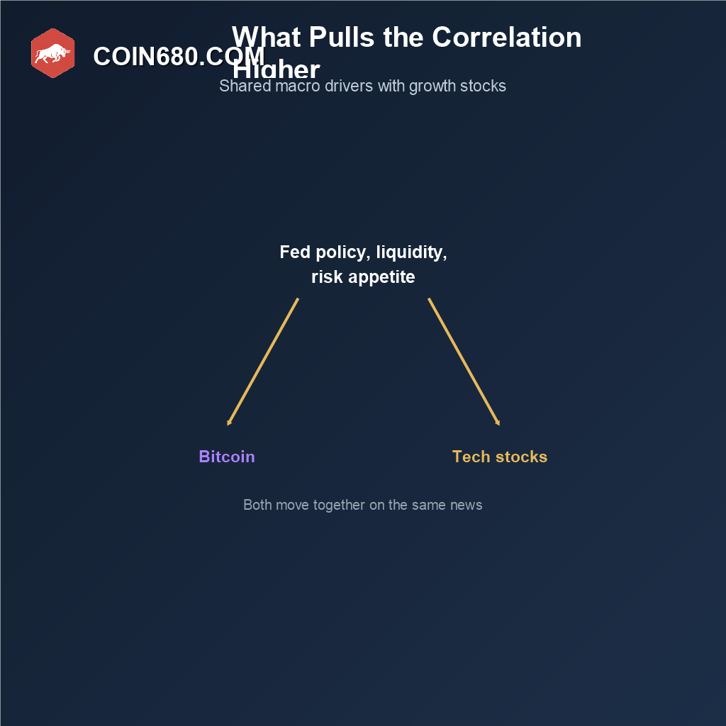 Diagram showing Federal Reserve policy and liquidity conditions driving both Bitcoin and tech stocks together