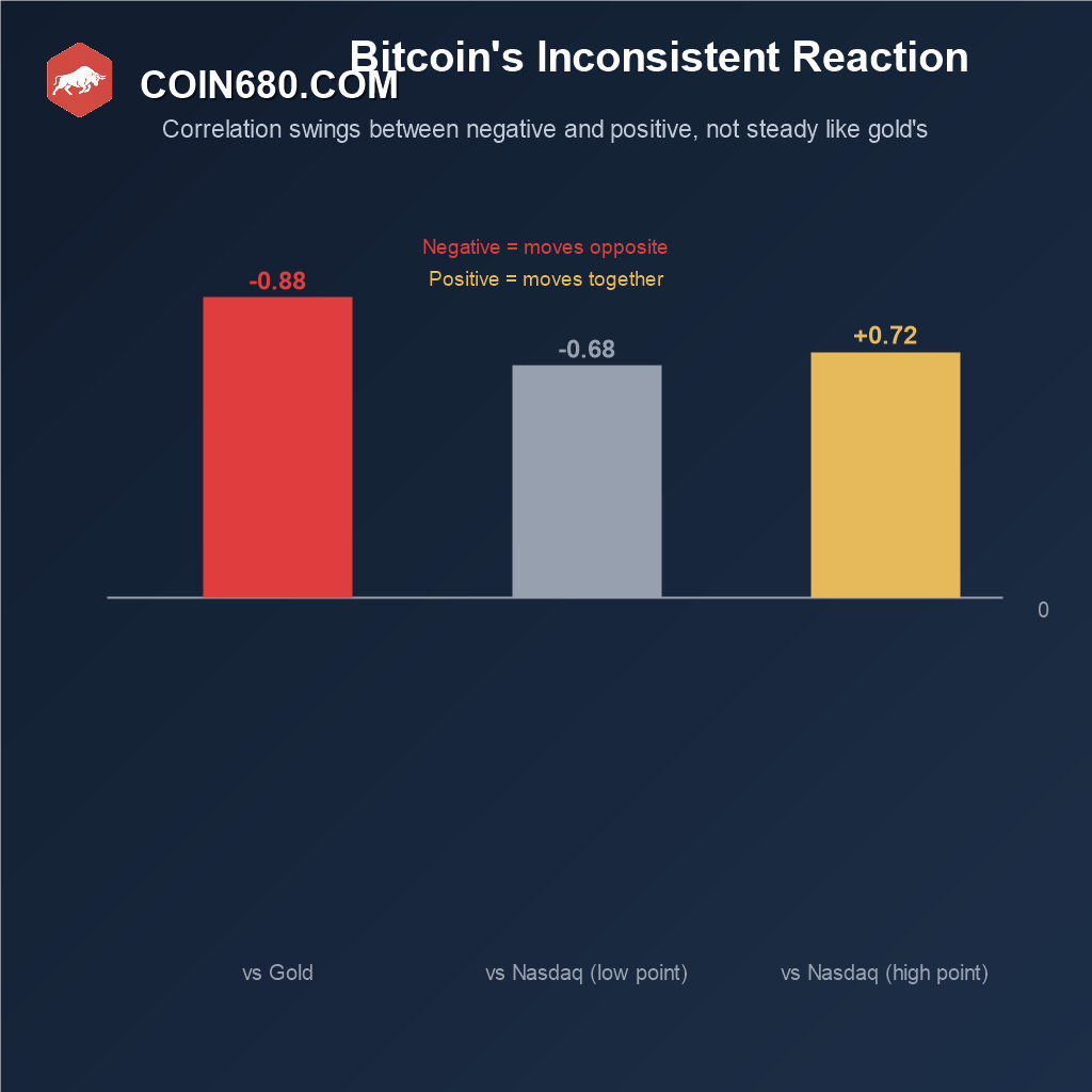 Diverging bar chart from a zero baseline showing Bitcoin's correlation with gold at negative 0.88 and with the Nasdaq swinging between negative 0.68 and positive 0.72
