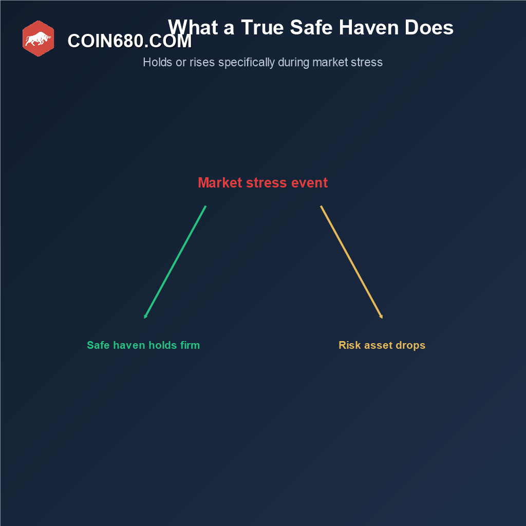 Diagram showing a true safe haven asset holding firm during a market stress event while a risk asset drops