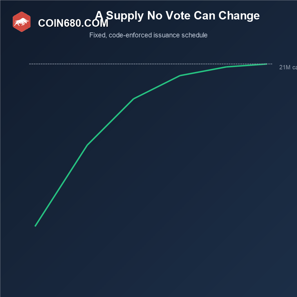 Curve showing Bitcoin's issuance flattening toward its fixed twenty one million coin supply cap