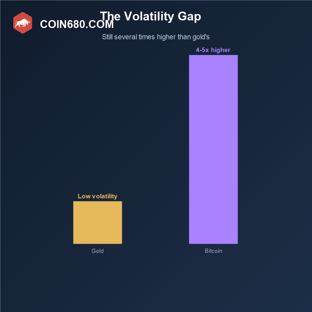 Bar chart showing Bitcoin’s volatility remains several times higher than gold’s