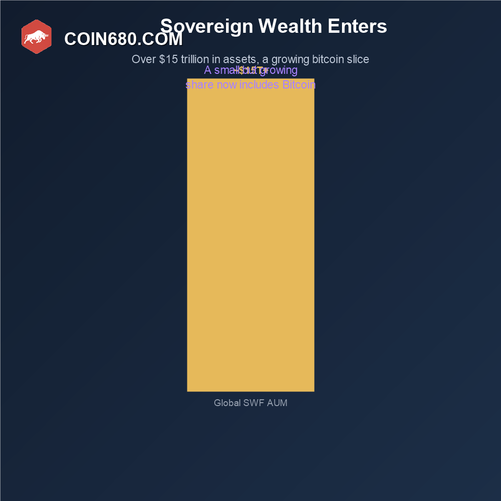 Bar chart showing global sovereign wealth fund assets under management surpassing fifteen trillion dollars with a growing Bitcoin allocation