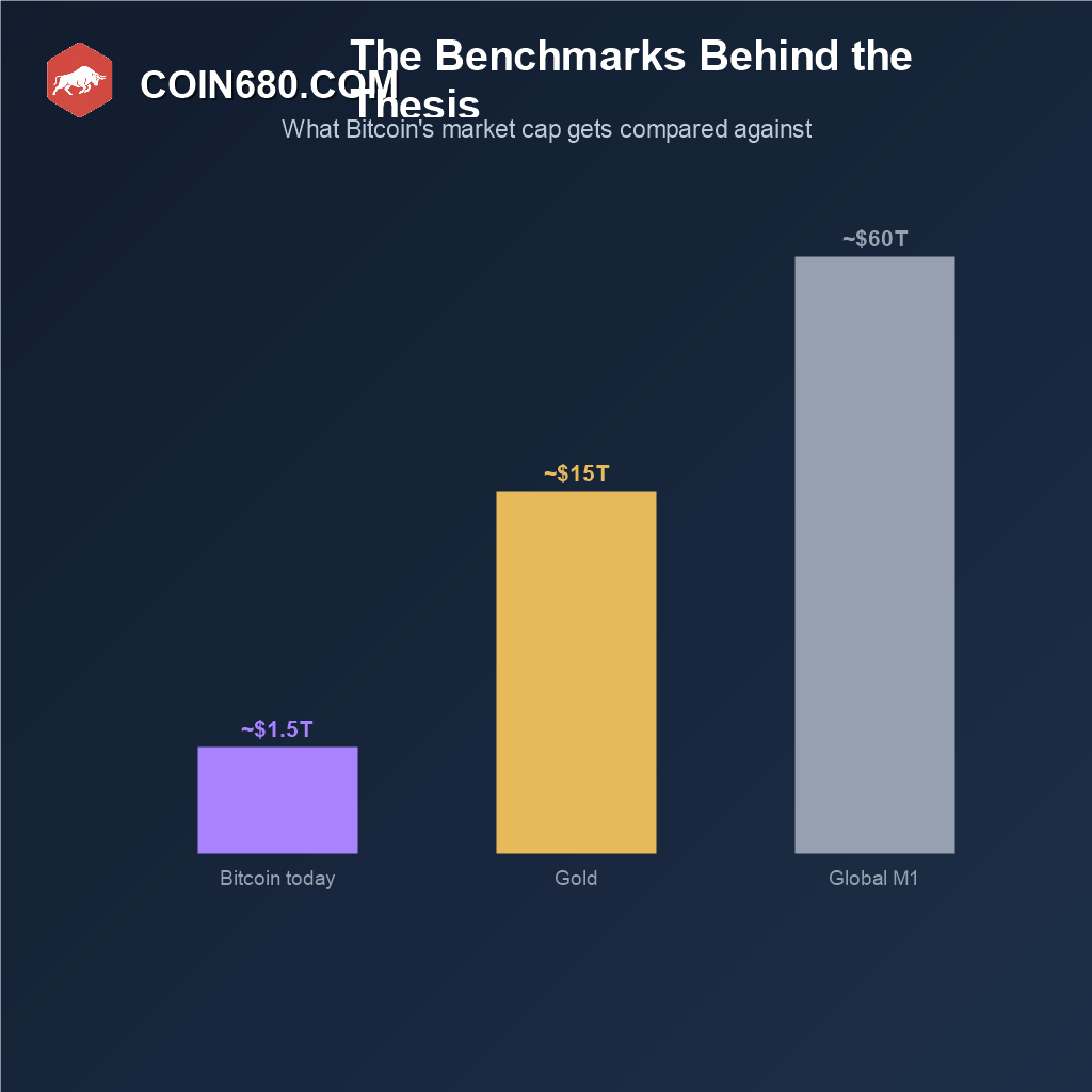 Bar chart comparing Bitcoin's current market cap against gold and the global M1 money supply as reference benchmarks