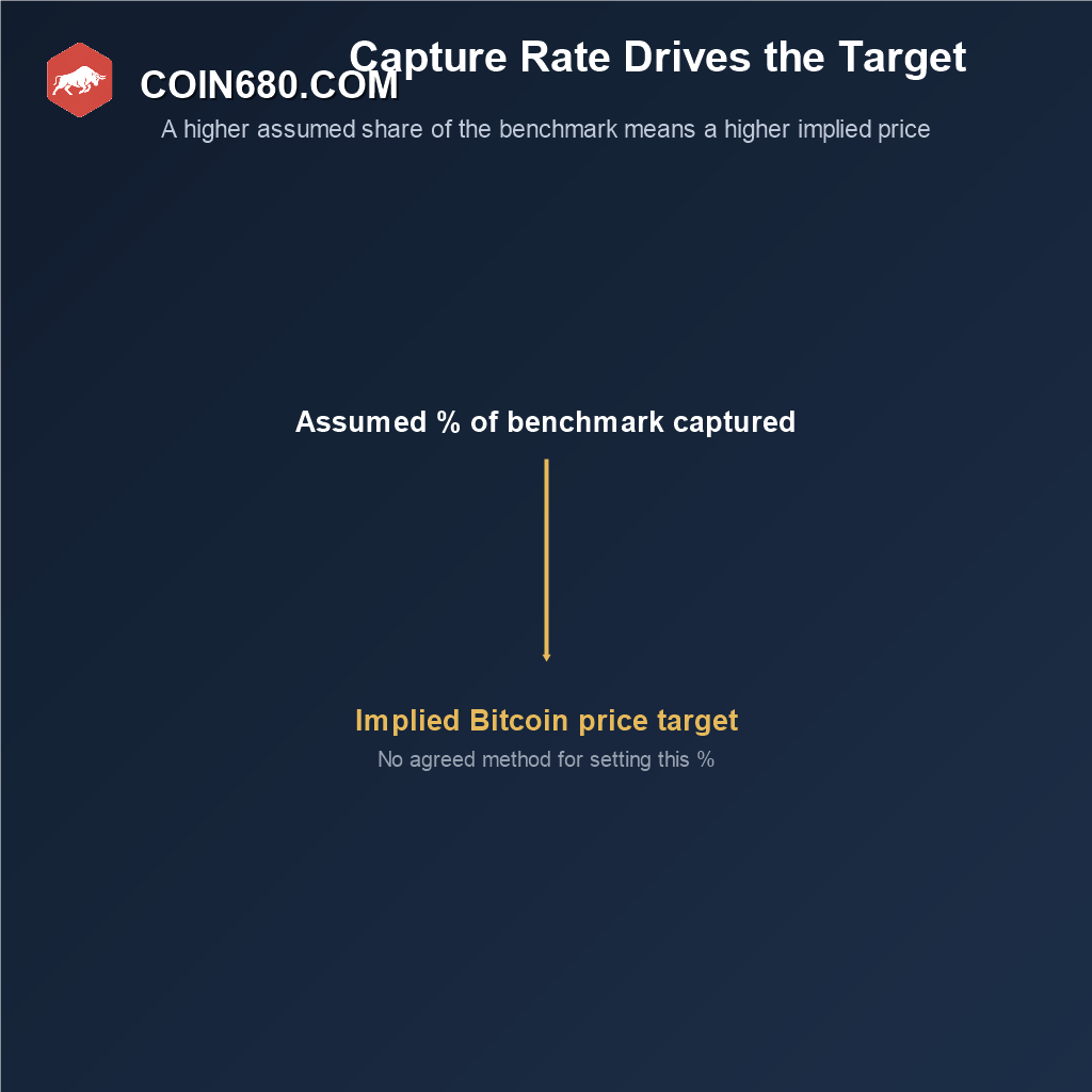 Diagram showing how an assumed capture rate of a benchmark market translates into an implied Bitcoin price target