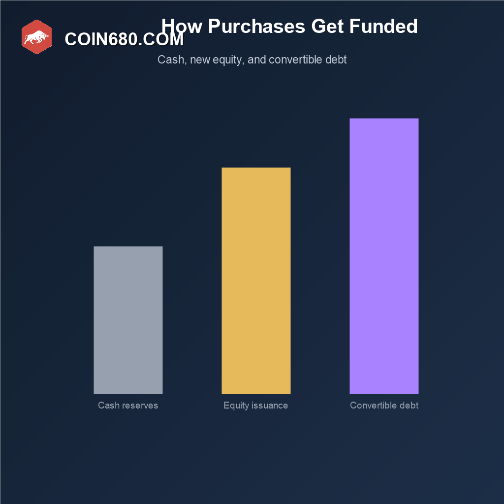 Bar chart showing cash reserves, equity issuance, and convertible debt as funding sources for corporate Bitcoin purchases