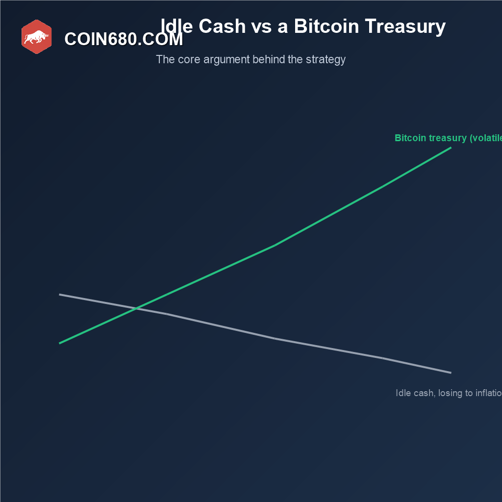 Line chart comparing idle cash losing value to inflation against a volatile but appreciating Bitcoin treasury