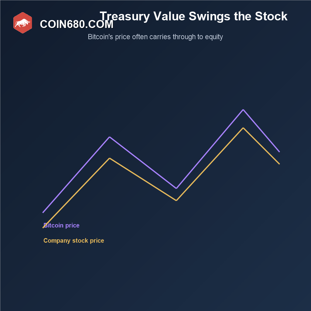 Line chart showing a company’s stock price tracking swings in its Bitcoin treasury value