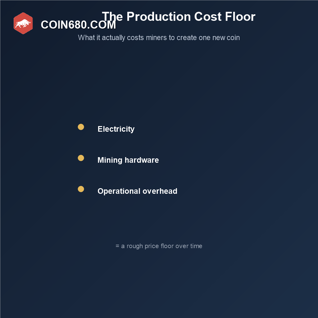 Diagram showing the production cost model estimating a Bitcoin price floor from electricity, hardware, and operational mining costs
