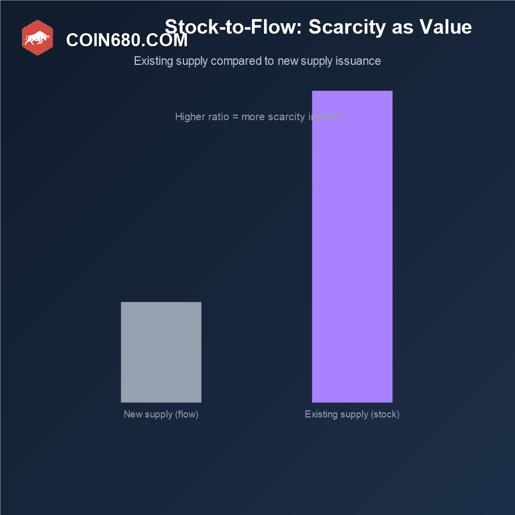 Bar chart illustrating the stock to flow model comparing Bitcoin's existing supply against new supply issuance to estimate scarcity
