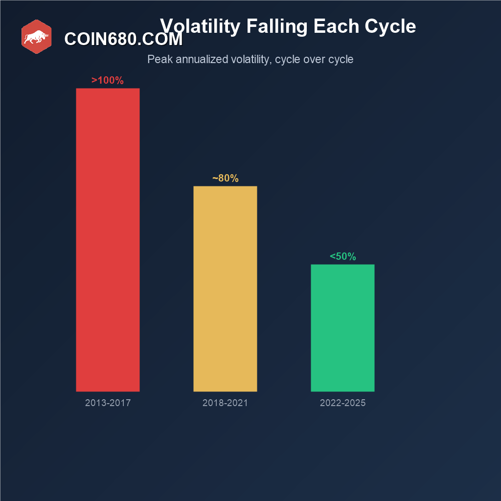 Bar chart showing Bitcoin's peak annualized volatility declining across successive market cycles from over 100 percent to under 50 percent